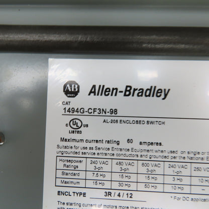 Allen Bradley 1494G-CF3N-98 AL-208 60A Enclosed Safety Disconnect Switch 600V 3R
