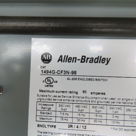 Allen Bradley 1494G-CF3N-98 AL-208 60A Enclosed Safety Disconnect Switch 600V 3R