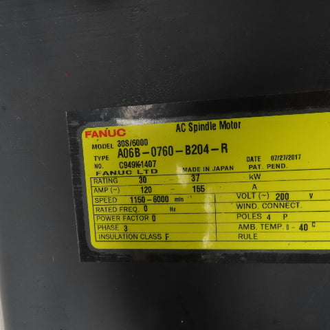 Fanuc A06B-0760-B204 30-37kW AC Spindle Motor 200V 3PH 120-155A 1150-6000RPM