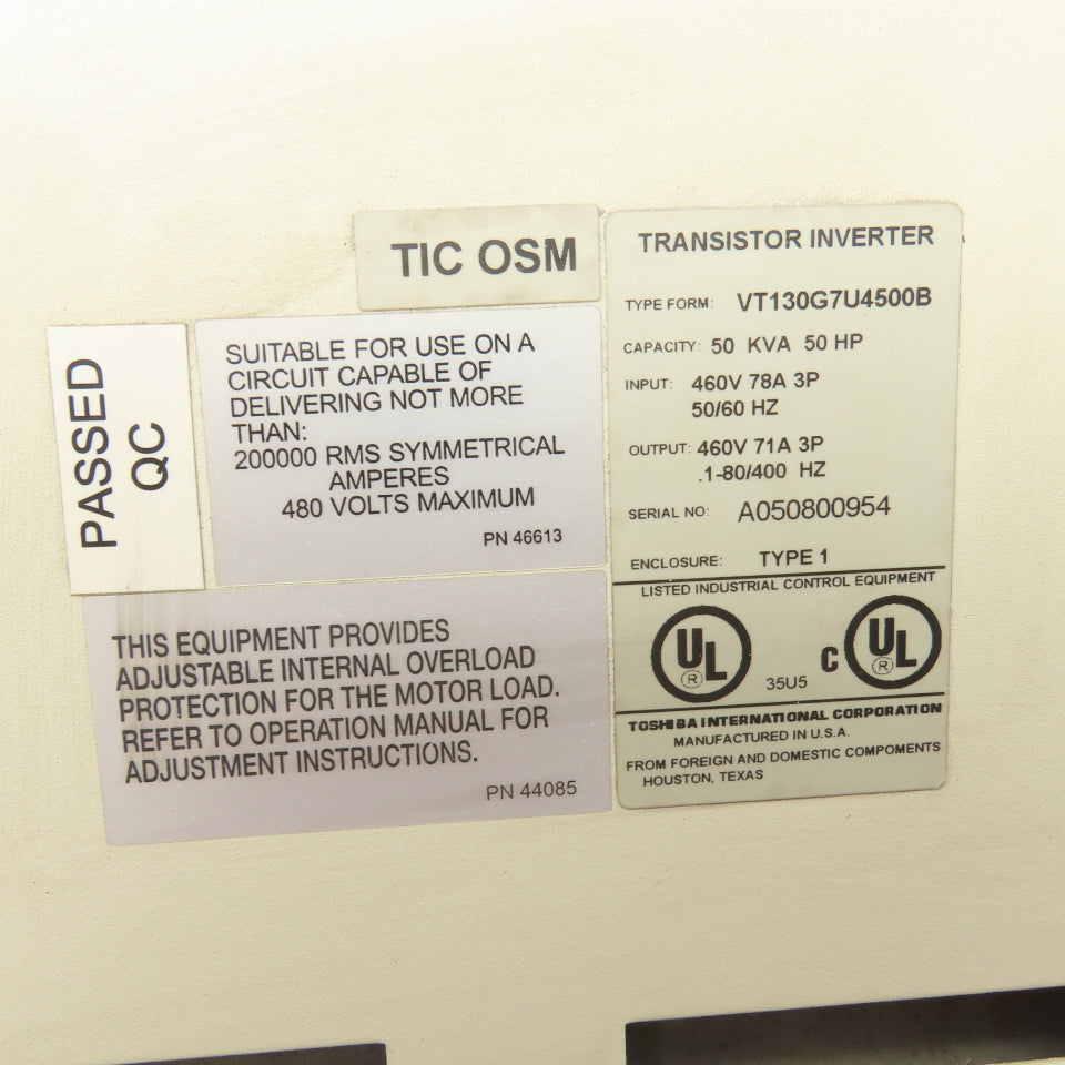 Tobisha VT130G7U4500B 50HP 50kVA AC Adj. Speed Drive 460V 3PH Input 460V 3PH Out