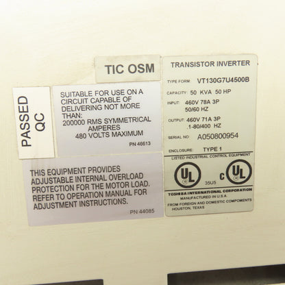Tobisha VT130G7U4500B 50HP 50kVA AC Adj. Speed Drive 460V 3PH Input 460V 3PH Out