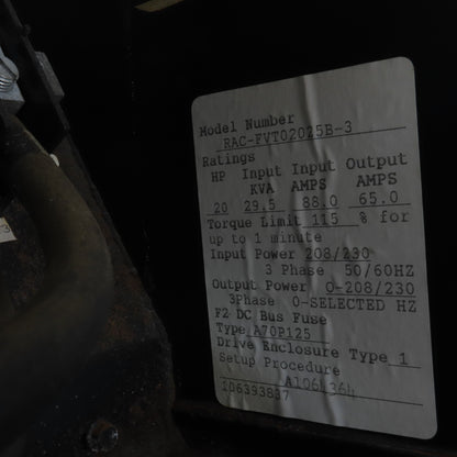 Fincor RAC-FVT02025B-3 20HP 29.5kVA AC Motor Drive 208/230V In 0-208/230 3PH Out