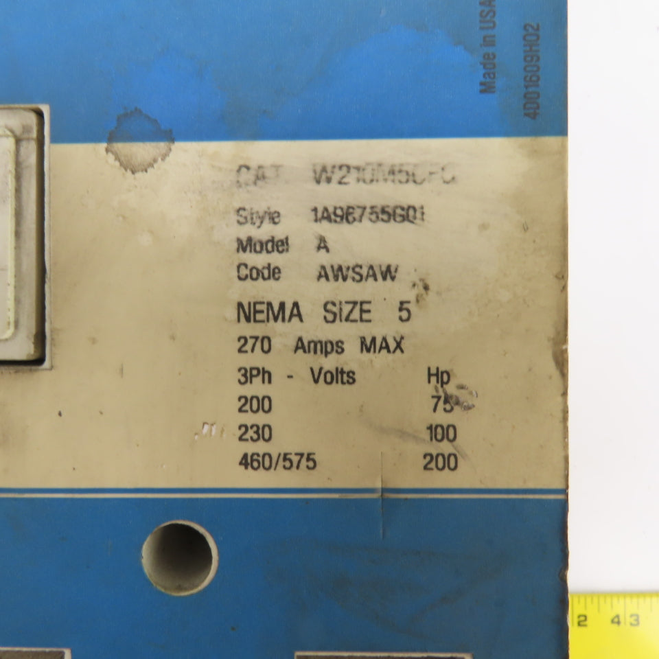 Westinghouse W201K5CF Nema Size 5 Contactor 200-575V 270A 75-200HP 120V Coil