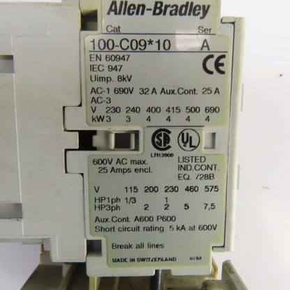 Allen Bradley 100-C09*10 600V Contactor 120V Coil W/193-EA1DB Overload Relay