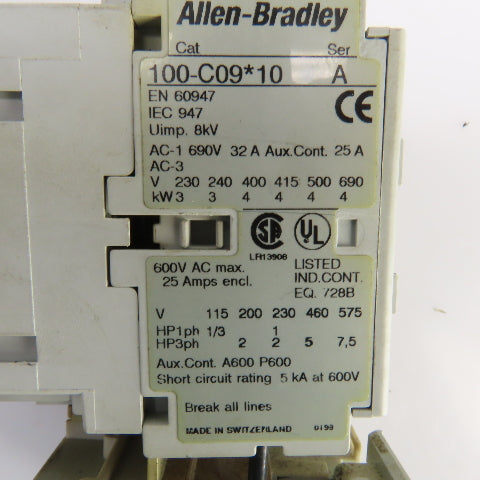 Allen Bradley 100-C09*10 600V Contactor 120V Coil W/193-EA1DB Overload Relay