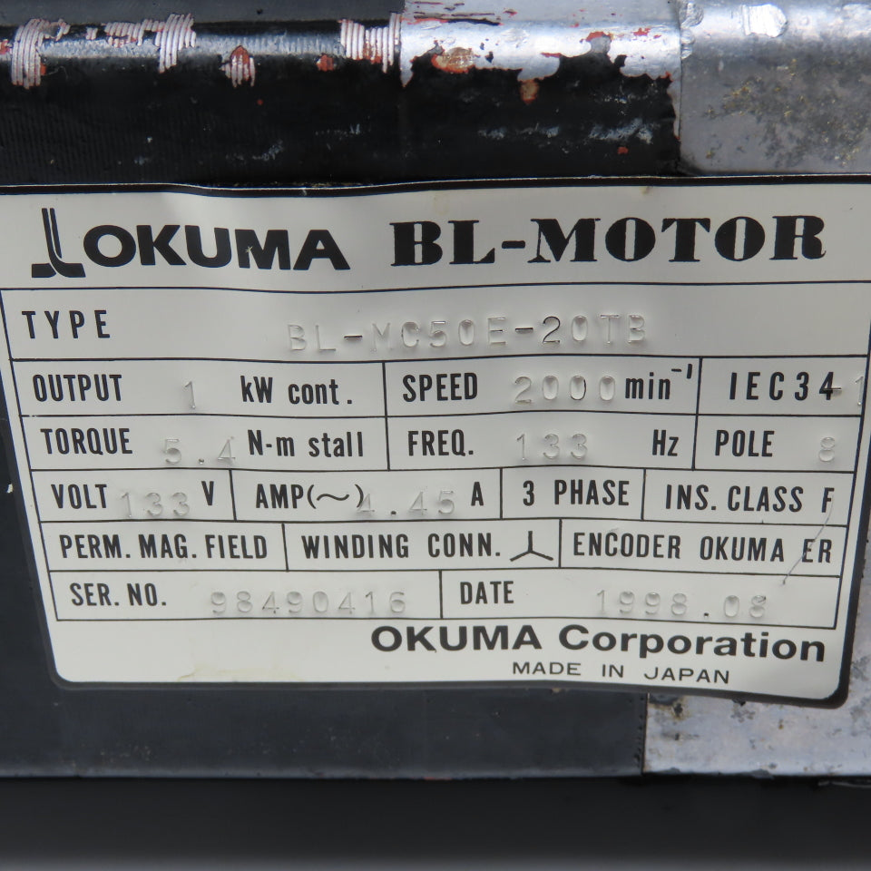 Okuma BL-MC50E-20TB 1kW 2000RPM 3Ph 133V 133Hz With Brake BL Motor