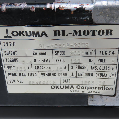 Okuma BL-MC50E-20TB 1kW 2000RPM 3Ph 133V 133Hz With Brake BL Motor