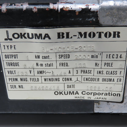 Okuma BL-MC50E-20TB 1kW 2000RPM 3Ph 133V 133Hz With Brake BL Motor