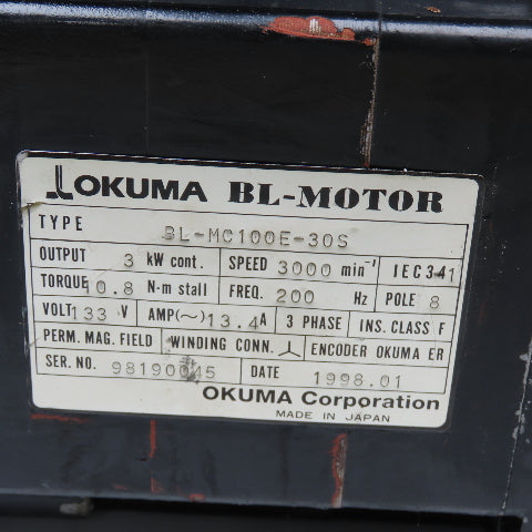Okuma BL-MC100E-30S 3kW 3000RPM 3Ph 133V 133Hz 8 Pole AC BL Motor