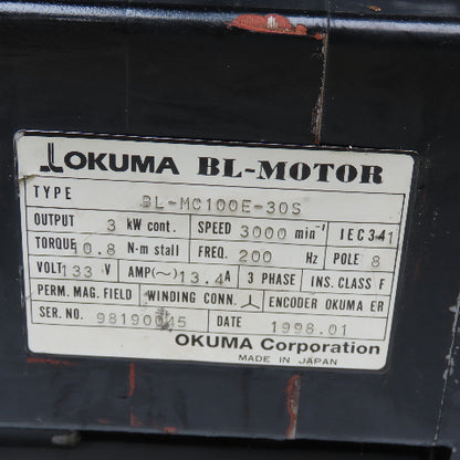 Okuma BL-MC100E-30S 3kW 3000RPM 3Ph 133V 133Hz 8 Pole AC BL Motor