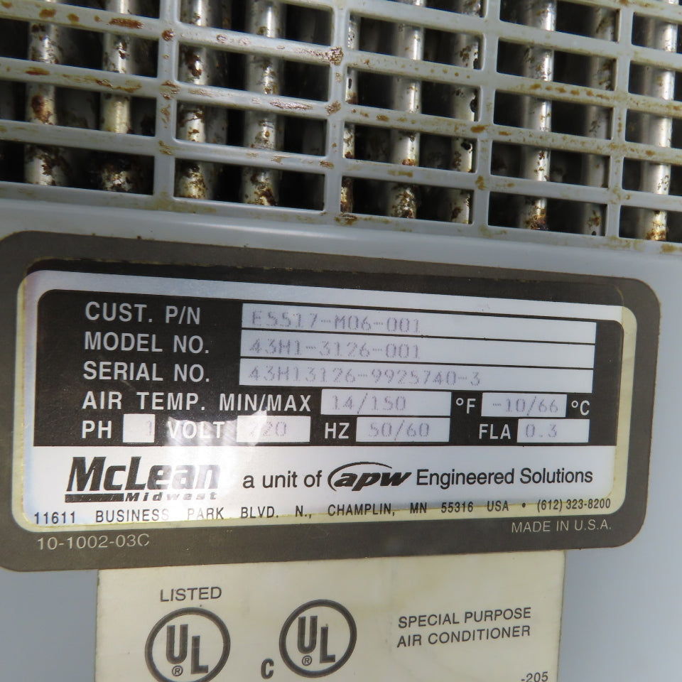 APW McLean 43H1-3126-001 Heat Exchanger Air Conditioner 14/150 °F Temp 220V 1PH