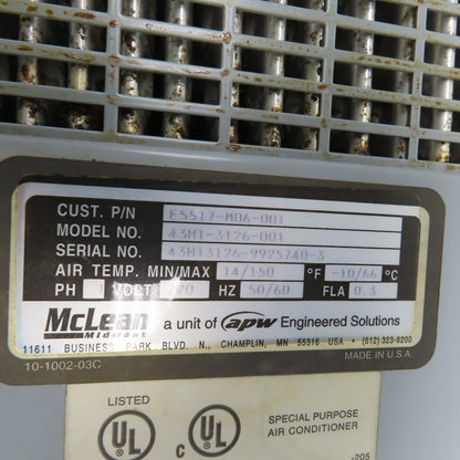 APW McLean 43H1-3126-001 Heat Exchanger Air Conditioner 14/150 °F Temp 220V 1PH