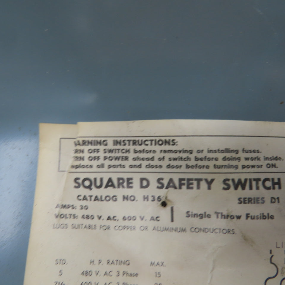 Square D H36 30A Single Thow Fusible Safety Disconnect Switch 600VAC 5-20HP