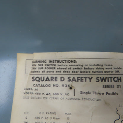 Square D H36 30A Single Thow Fusible Safety Disconnect Switch 600VAC 5-20HP