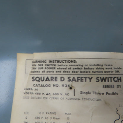 Square D H36 30A Single Thow Fusible Safety Disconnect Switch 600VAC 5-20HP