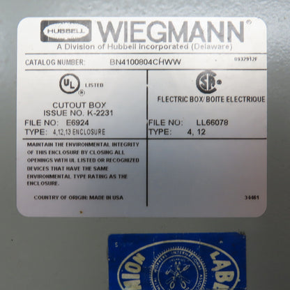 Wiegmann BN4100804CHWW 10" x 8" x 4" Electrical Enclosure W/Backplate