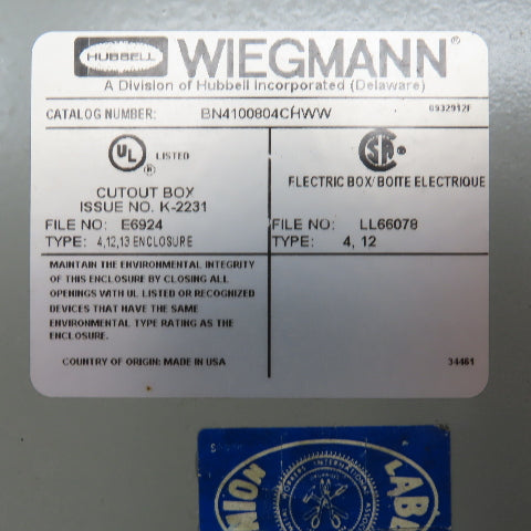 Wiegmann BN4100804CHWW 10" x 8" x 4" Electrical Enclosure W/Backplate
