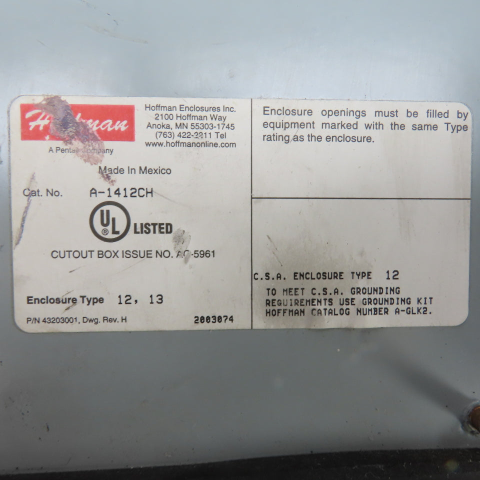 Hoffman A-1412CH 14" x 12" x 6" Wall Mount Electrical Enclosure W/Backplate