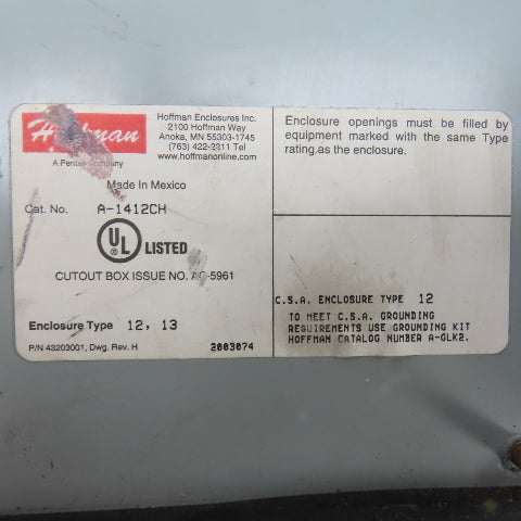 Hoffman A-1412CH 14" x 12" x 6" Wall Mount Electrical Enclosure W/Backplate