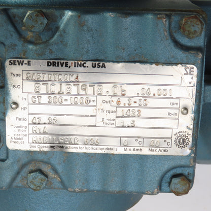 Sew-Eurodrive SA57DT60M4 47.32:1 Ratio Gear Reducer 1HP 3PH 6.3-38RPM Out