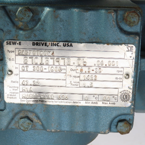 Sew-Eurodrive SA57DT60M4 47.32:1 Ratio Gear Reducer 1HP 3PH 6.3-38RPM Out