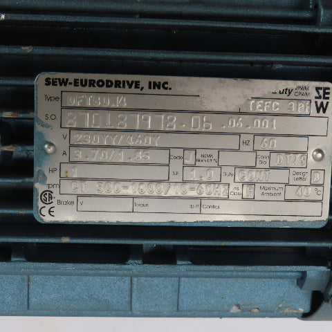 Sew-Eurodrive SA57DT60M4 47.32:1 Ratio Gear Reducer 1HP 3PH 6.3-38RPM Out