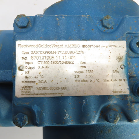 Fleetwood SEW SA57DRP90M4 47.32:1 Ratio Gear Reducer 1HP 3PH 6.3-38RPM Out