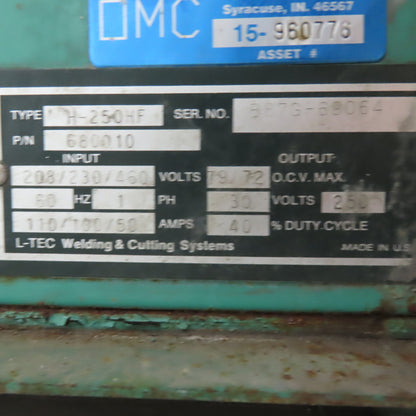 L-Tec Heliarc H-250HF 250V 1Ph AC/DC TIG Welding Power Supply On Casters