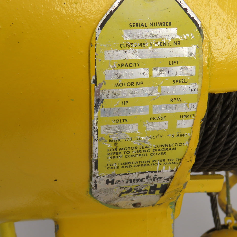 P & H Ziplift 1 Ton Electric Cable Hoist 460V 3PH 15' Lift 13/4FPM W/Trolley
