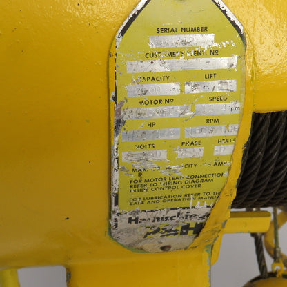 P & H Ziplift 1 Ton Electric Cable Hoist 460V 3PH 15' Lift 13/4FPM W/Trolley