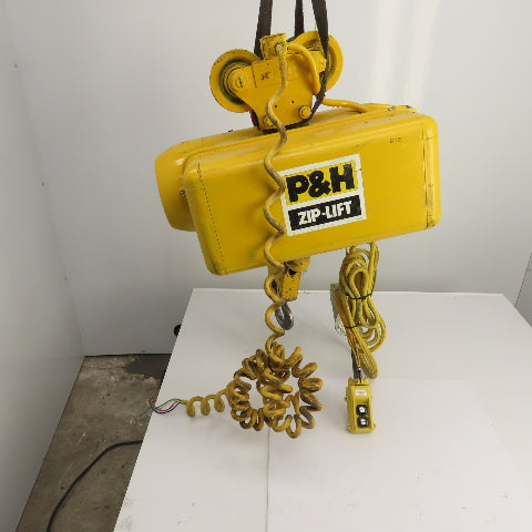 P & H Ziplift 1 Ton Electric Cable Hoist 460V 3PH 15' Lift 13/4FPM W/Trolley