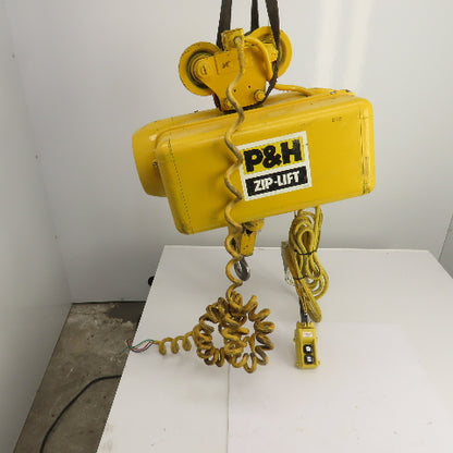 P & H Ziplift 1 Ton Electric Cable Hoist 460V 3PH 15' Lift 13/4FPM W/Trolley