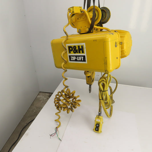 P & H Ziplift 1 Ton Electric Cable Hoist 460V 3PH 15' Lift 13/4FPM W/Trolley