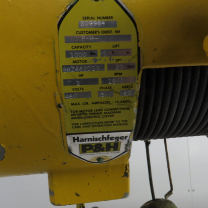 P & H Ziplift 1/2 Ton Electric Cable Hoist 460V 3PH 15' Lift 20FPM W/Trolley