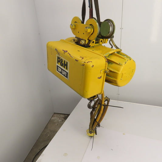P & H Ziplift 1 Ton Electric Wire Rope Hoist 460V 3PH 15' Lift 7/20FPM W/Trolley