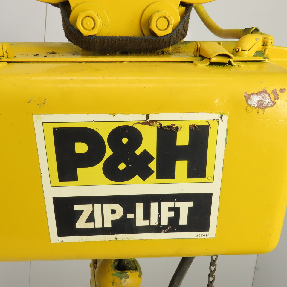 P & H Ziplift 1/4 Ton Electric Wire Rope Hoist 460V 3PH 15' Lift 28FPM W/Trolley