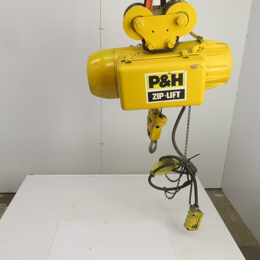 P & H Ziplift 1/4 Ton Electric Wire Rope Hoist 460V 3PH 15' Lift 28FPM W/Trolley
