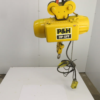 P & H Ziplift 1/4 Ton Electric Wire Rope Hoist 460V 3PH 15' Lift 28FPM W/Trolley