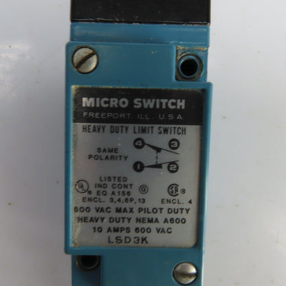 Micro Switch LSD3K Heavy Duty Roller Plunger Limit Switch 600VAC 10A Encl. 4
