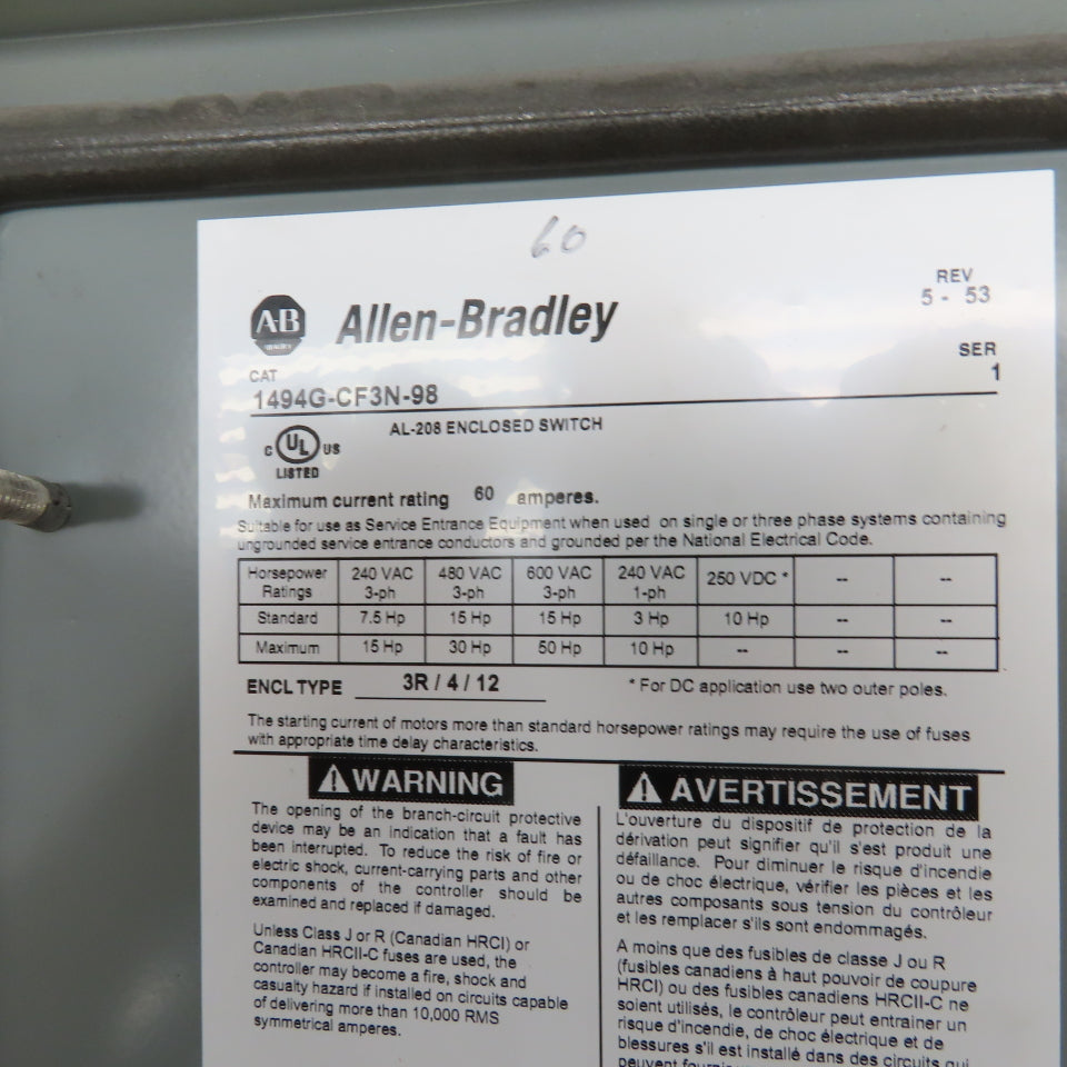 Allen Bradley 1494G-CF3N-98 AL-208 60A Enclosed Safety Disconnect Switch 600V 3R
