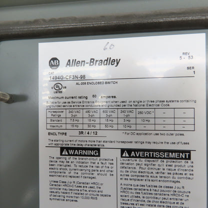 Allen Bradley 1494G-CF3N-98 AL-208 60A Enclosed Safety Disconnect Switch 600V 3R