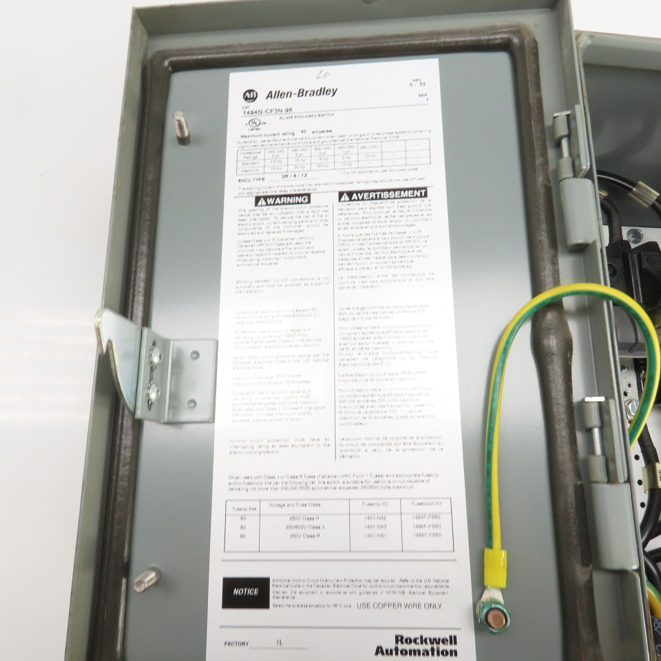Allen Bradley 1494G-CF3N-98 AL-208 60A Enclosed Safety Disconnect Switch 600V 3R