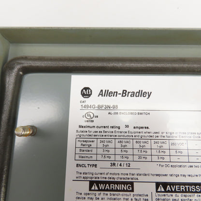 Allen Bradley 1494G-BF3N-98 AL-208 30A Enclosed Safety Disconnect Switch 600V 3R