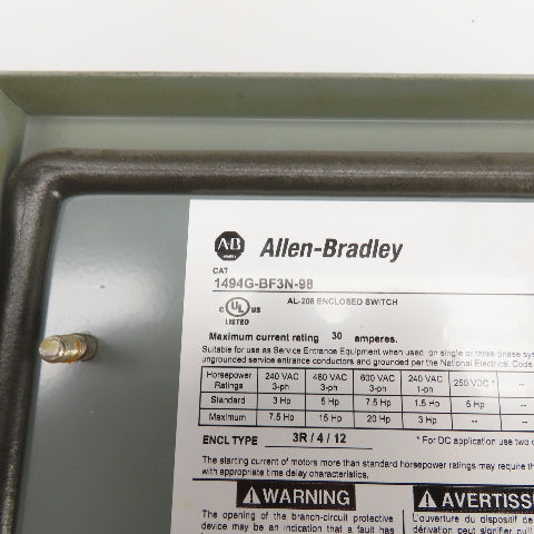 Allen Bradley 1494G-BF3N-98 AL-208 30A Enclosed Safety Disconnect Switch 600V 3R