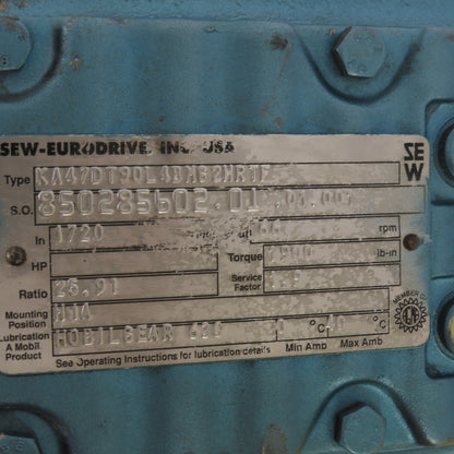 Sew-Eurodrive KA47DT90L4 25.91 Ratio 2HP Gear Reducer 460V 3PH 66.38RPM Out