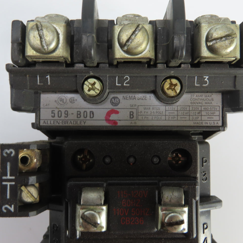 Allen Bradley 509-B0D Ser B Size 1 27A Motor Starter 120V Coil 7-1/2-10HP 600V