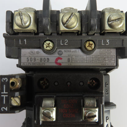 Allen Bradley 509-B0D Ser B Size 1 27A Motor Starter 120V Coil 7-1/2-10HP 600V
