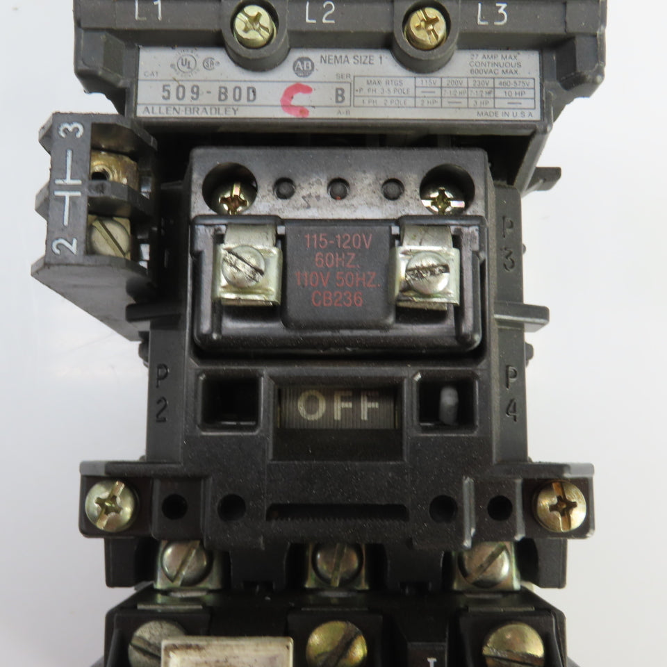 Allen Bradley 509-B0D Ser B Size 1 27A Motor Starter 120V Coil 7-1/2-10HP 600V