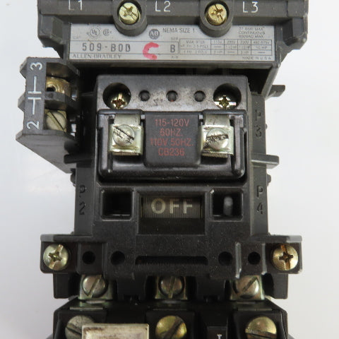 Allen Bradley 509-B0D Ser B Size 1 27A Motor Starter 120V Coil 7-1/2-10HP 600V