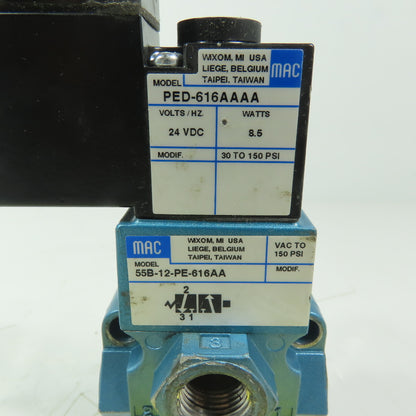 MAC 55B-12-PE-616AA Pneumatic Air Solenoid Valve Vac to 150PSI 24VDC